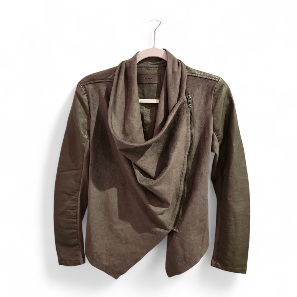 Blank NYC Draped Faux Leather Moto Asymmetrical Olive Geen Jacket Women XS